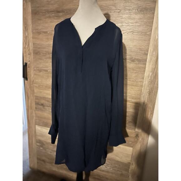 VINCE Navy Blue 100% Silk Cocktail Party Dress Sz 4 Small V Neck Midi Elegant - Picture 4 of 8